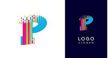 Colorful stripes transitioning into pixel-like elements fat logo template, letter P, abstract equalizer logotype for tech, creative studio, media, digital branding. illustration vector
