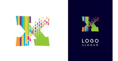 Colorful stripes transitioning into pixel-like elements fat logo template, letter X, abstract equalizer logotype for tech, creative studio, media, digital branding. illustration vector