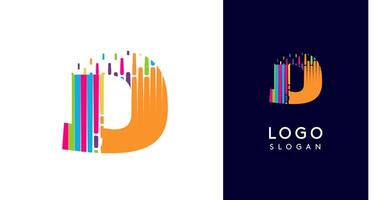 Colorful stripes transitioning into pixel-like elements fat logo template, letter D, abstract equalizer logotype for tech, creative studio, media, digital branding. illustration vector