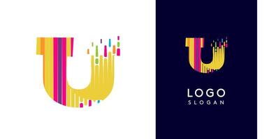Colorful stripes transitioning into pixel-like elements fat logo template, letter U, abstract equalizer logotype for tech, creative studio, media, digital branding. illustration vector