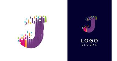 Colorful stripes transitioning into pixel-like elements fat logo template, letter J, abstract equalizer logotype for tech, creative studio, media, digital branding. illustration vector