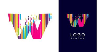 Colorful stripes transitioning into pixel-like elements fat logo template, letter W, abstract equalizer logotype for tech, creative studio, media, digital branding. illustration vector