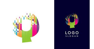 Colorful stripes transitioning into pixel-like elements fat logo template, letter Q, abstract equalizer logotype for tech, creative studio, media, digital branding. illustration vector