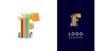 Colorful stripes transitioning into pixel-like elements fat logo template, letter F, abstract equalizer logotype for tech, creative studio, media, digital branding. illustration vector