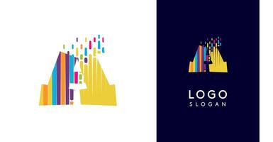 Colorful stripes transitioning into pixel-like elements fat logo template, letter A, abstract equalizer logotype for tech, creative studio, media, digital branding. illustration vector