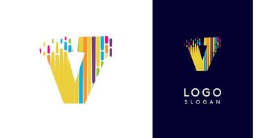 Colorful stripes transitioning into pixel-like elements fat logo template, letter V, abstract equalizer logotype for tech, creative studio, media, digital branding. illustration vector