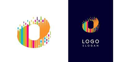 Colorful stripes transitioning into pixel-like elements fat logo template, letter O, abstract equalizer logotype for tech, creative studio, media, digital branding. illustration vector