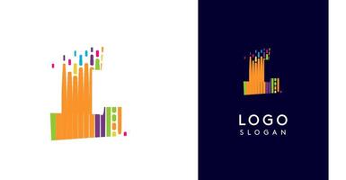 Colorful stripes transitioning into pixel-like elements fat logo template, letter L, abstract equalizer logotype for tech, creative studio, media, digital branding. illustration vector