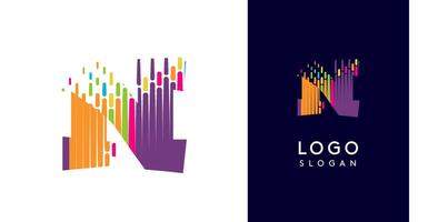 Colorful stripes transitioning into pixel-like elements fat logo template, letter N, abstract equalizer logotype for tech, creative studio, media, digital branding. illustration vector