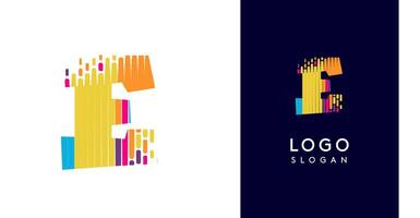Colorful stripes transitioning into pixel-like elements fat logo template, letter E, abstract equalizer logotype for tech, creative studio, media, digital branding. illustration vector