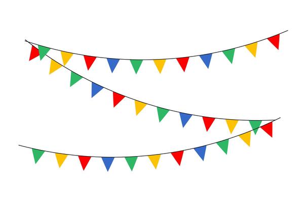 Colorful triangular flag decoration with rope. Flags for festive celebration events