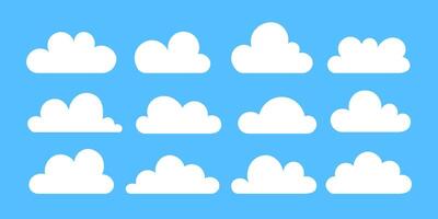 Set of cartoon white clouds illustrations in flat design style. View of clouds on blue sky vector