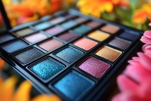 Shimmering eyeshadow palettes in jewel tones, placed in front of blurred marigolds. Professional shot capturing the rich and vibrant colors of the eyeshadow palettes. photo