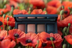 Rich eyeshadow palettes with warm colors, set against a blurred background of poppies. Professional shot highlighting the deep tones and luxurious appeal of the palettes. photo
