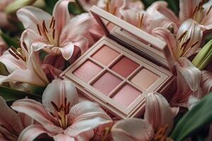 Soft blush palettes in rosy tones, set against a backdrop of blurred lilies. Professional shot highlighting the gentle hues and smooth texture of the blush palettes. photo