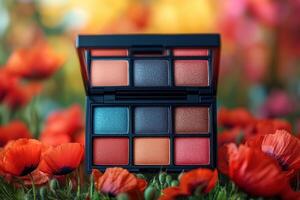 Rich eyeshadow palettes with warm colors, set against a blurred background of poppies. Professional shot highlighting the deep tones and luxurious appeal of the palettes. photo