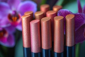 Radiant bronzer sticks with a golden sheen, with a blurred background of orchids. Professional shot emphasizing the warm tones and luxurious finish of the bronzer sticks. photo
