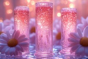 Sparkling lip gloss tubes in pink shades, with a backdrop of soft-focus daisies. Professional shot showcasing the vibrant colors and shimmering quality of the gloss. photo