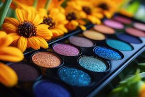 Shimmering eyeshadow palettes in jewel tones, placed in front of blurred marigolds. Professional shot capturing the rich and vibrant colors of the eyeshadow palettes. photo