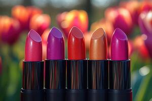 Glossy lipstick tubes in vibrant shades, with a blurred backdrop of tulips. Professional shot emphasizing the bold colors and sleek design of the lipsticks. photo