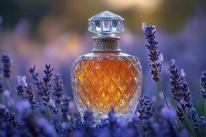 Luxurious perfume bottle with a crystal cap, placed in front of a backdrop of softly blurred lavender flowers. Professional shot showcasing the elegance and sophistication of the perfume. photo