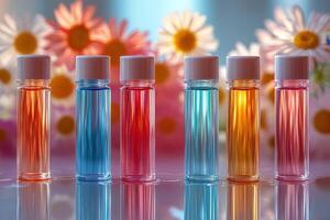 Glossy lip balm tubes in pastel colors, with blurred daisies behind. Professional shot capturing the soft and moisturizing appeal of the lip balms. photo