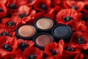 Rich eyeshadow palettes with warm colors, set against a blurred background of poppies. Professional shot highlighting the deep tones and luxurious appeal of the palettes. photo
