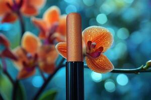 Radiant bronzer sticks with a golden sheen, with a blurred background of orchids. Professional shot emphasizing the warm tones and luxurious finish of the bronzer sticks. photo