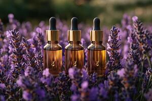 Radiant face serum bottles with droppers, placed in front of a backdrop of softly blurred lavender blooms. Professional shot highlighting the elegant design and glow of the serum. photo