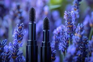 Sleek mascara tubes in glossy black, with blurred lavender flowers in the background. Professional shot emphasizing the sleek design and intense color of the mascara tubes. photo