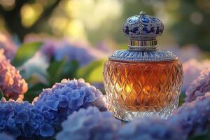 Luxurious perfume bottles with ornate caps, set against a blurred garden of hydrangeas. Professional shot highlighting the elegance and intricate design of the perfume bottles. photo
