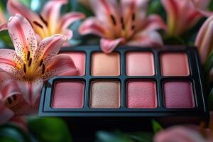 Soft blush palettes in rosy tones, set against a backdrop of blurred lilies. Professional shot highlighting the gentle hues and smooth texture of the blush palettes. photo
