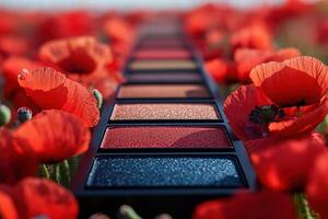 Rich eyeshadow palettes with warm colors, set against a blurred background of poppies. Professional shot highlighting the deep tones and luxurious appeal of the palettes. photo