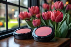 Soft blush compacts in peach tones, with a blurred field of tulips behind. Professional shot showcasing the delicate color and smooth texture of the blush. photo