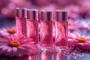 Sparkling lip gloss tubes in pink shades, with a backdrop of soft-focus daisies. Professional shot showcasing the vibrant colors and shimmering quality of the gloss. photo