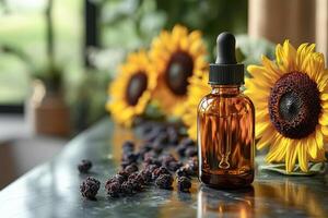 Luxurious skincare serums in sleek bottles, with a blurred background of sunflowers. Professional shot highlighting the elegance and sophistication of the skincare products. photo