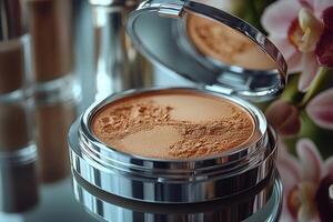 Compact powder cases with mirror finish, set against a backdrop of softly blurred orchids. Professional shot highlighting the sleek design and reflective quality of the powder cases. photo