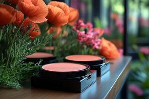 Radiant blush compacts in coral shades, with a blurred backdrop of poppies. Professional shot showcasing the vibrant color and smooth texture of the blush compacts. photo