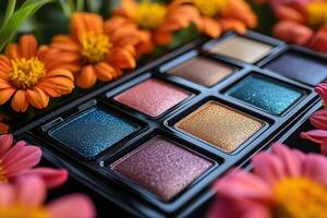 Shimmering eyeshadow palettes in jewel tones, placed in front of blurred marigolds. Professional shot capturing the rich and vibrant colors of the eyeshadow palettes. photo