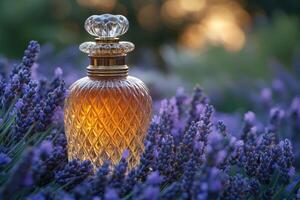 Elegant perfume atomizers in vintage style, set against a blurred garden of lavender. Professional shot emphasizing the classic design and luxurious appeal of the atomizers. photo