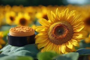 Compact powder cases in sleek designs, placed in front of blurred sunflowers. Professional shot highlighting the minimalist design and smooth finish of the compacts. photo