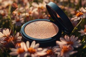 Radiant highlighter compacts with golden shimmer, set against a blurred backdrop of wildflowers. Professional shot showcasing the glow and elegance of the highlighter. photo