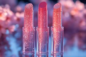 Richly pigmented lip gloss tubes, with a blurred background of blooming cherry blossoms. Professional shot emphasizing the vibrant colors and luxurious finish of the gloss. photo