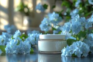 Luxurious skincare cream jars, positioned with blurred hydrangeas in the background. Professional shot emphasizing the high-end appeal and elegant design of the skincare jars. photo