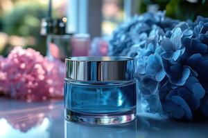 Luxurious skincare cream jars, positioned with blurred hydrangeas in the background. Professional shot emphasizing the high-end appeal and elegant design of the skincare jars. photo
