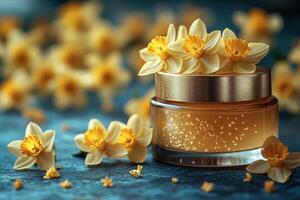 Luxurious face cream jars with gold accents, set against a background of blurred daffodils. Professional shot showcasing the opulent design and high-quality appeal of the jars. photo