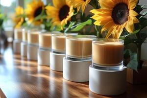 Compact powder cases in sleek designs, placed in front of blurred sunflowers. Professional shot highlighting the minimalist design and smooth finish of the compacts. photo