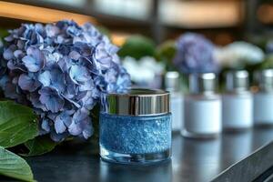 Luxurious skincare cream jars, positioned with blurred hydrangeas in the background. Professional shot emphasizing the high-end appeal and elegant design of the skincare jars. photo
