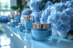 Luxurious skincare cream jars, positioned with blurred hydrangeas in the background. Professional shot emphasizing the high-end appeal and elegant design of the skincare jars. photo