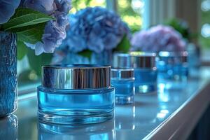 Luxurious skincare cream jars, positioned with blurred hydrangeas in the background. Professional shot emphasizing the high-end appeal and elegant design of the skincare jars. photo